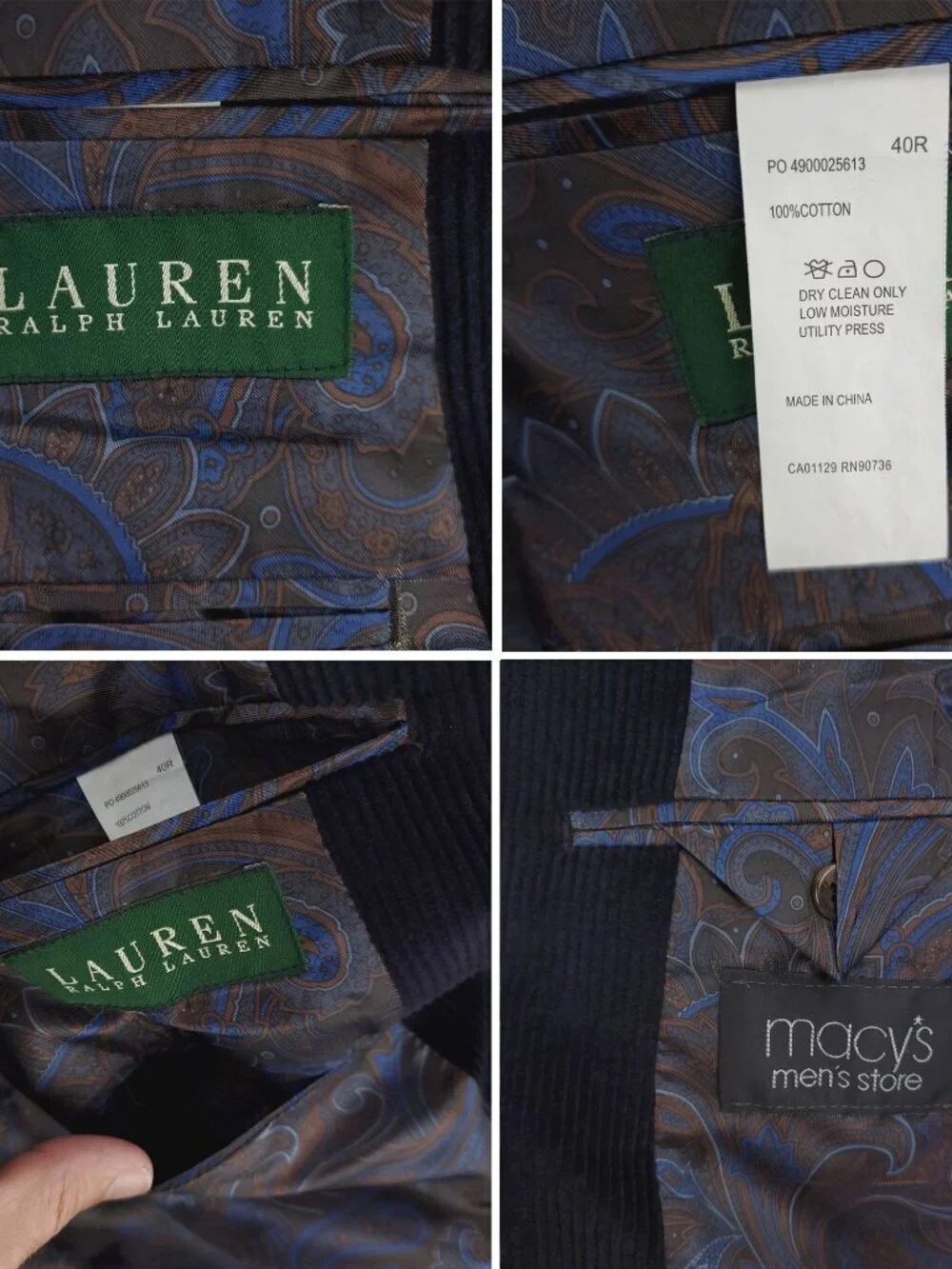 Lauren Ralph Lauren Corduroy Sport Coat Blazer Jacket 2 Button Navy Blue Men 40R